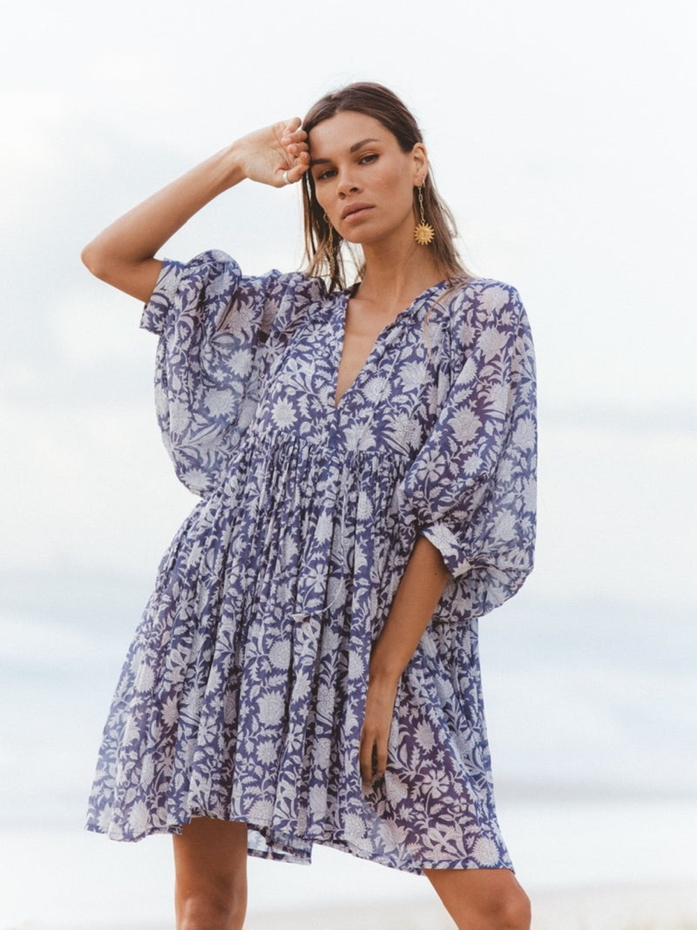 Daughters of India Kyra Mini Dress in Blue Iris Size XS Bohemian Cotton Beach